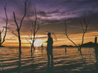 Silueta de persona sosteniendo un paraguas sobre el agua.