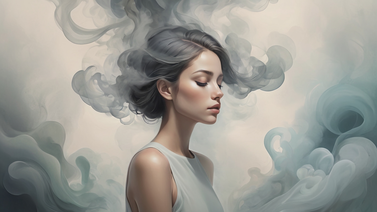 Artistic abstract representation of a young woman with a calm and tranquil demeanor, immersed in a misty, smoke-filled environment.