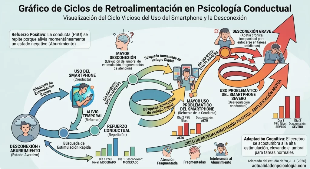 Gráfico de ciclos de retroalimentación en psicología conductual: visualización del siclo vicioso del uso del smartphone y la desconexión.