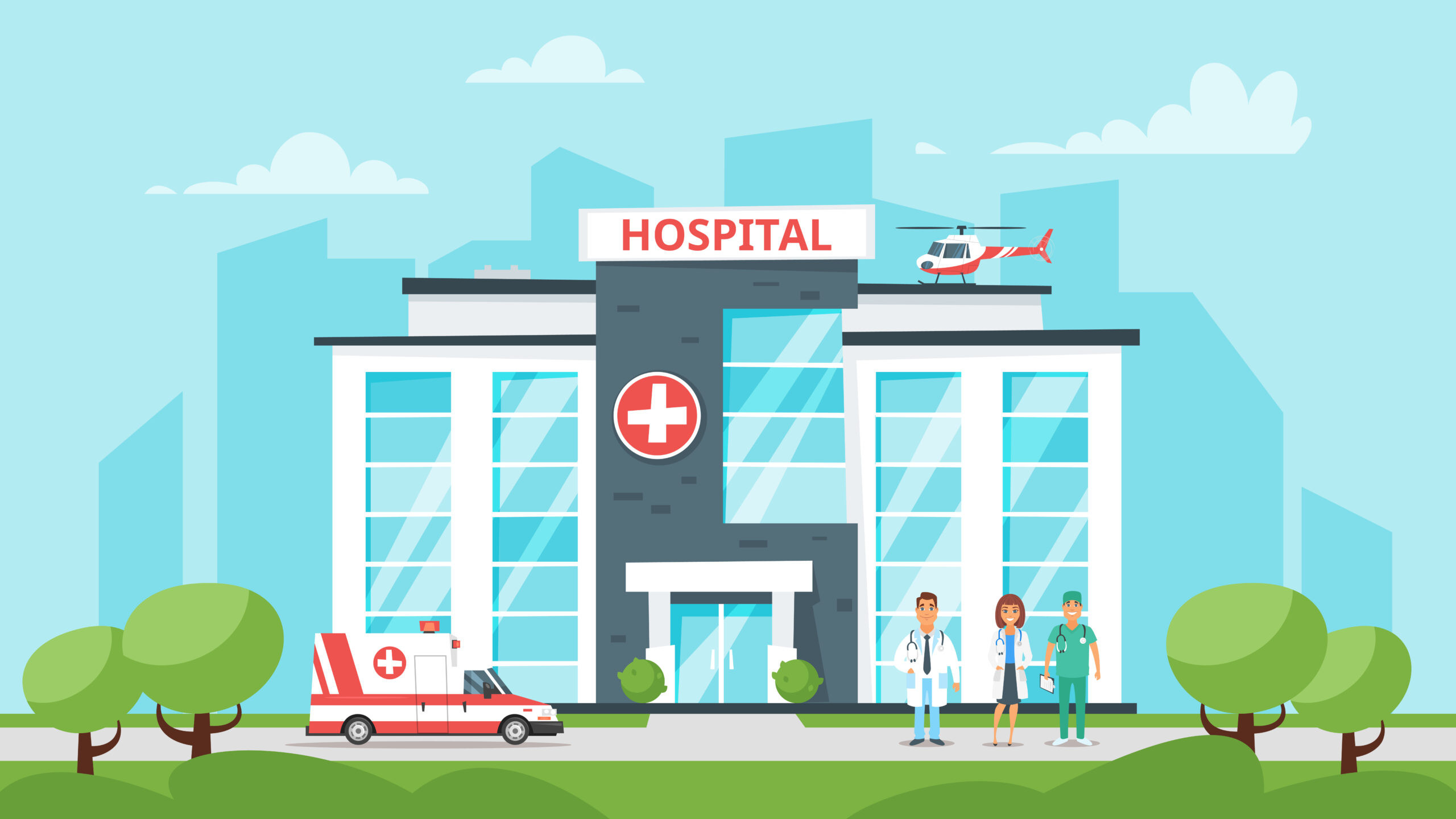 Ilustración de dibujos animados de un edificio de hospital, material médico y ambulancia. Fondo urbano.