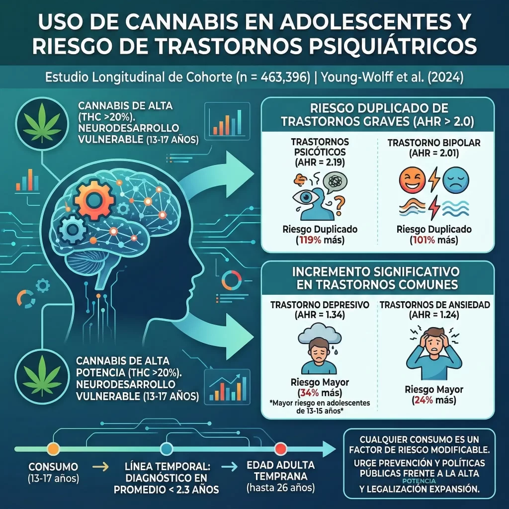 ¿Cómo afecta el consumo de cannabis en la adolescencia al riesgo de psicosis y trastorno bipolar?